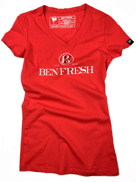 Womens Red Ben Fresh Letter Head Sporty V-Neck T-Shirt