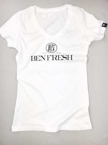 Womens White Ben Fresh Letter Head Sporty V-Neck T-Shirt